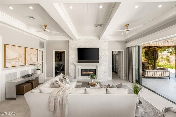 Fireplace, Interior, Living room, Recessed Lighting, Stone Walls