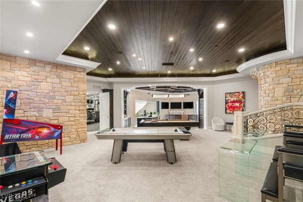 Billiard Table, Game Room, Interior, Pendant Lights, Recessed Lighting, Stone Walls