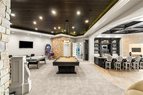 Billiard Table, Game Room, Interior, Pendant Lights, Recessed Lighting, Stone Walls, Wooden Ceilings