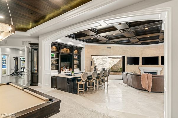 Billiard Table, Fireplace, Fitness Equipment, Game Room, Interior, Recessed Lighting, Wooden Ceilings