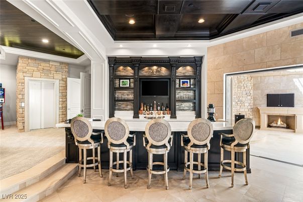 Fireplace, Interior, Recessed Lighting, Stone Walls