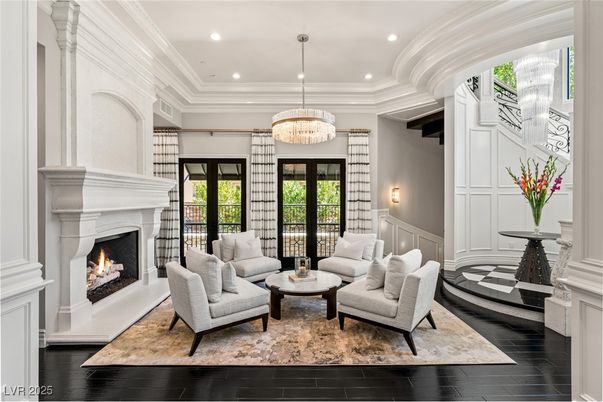 Chandelier, Fireplace, Interior, Living room, Recessed Lighting, Wood Texture Flooring