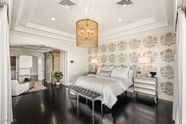 Bedroom, Chandelier, Interior, Recessed Lighting, Wood Texture Flooring