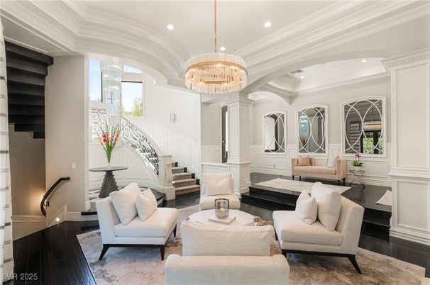 Chandelier, Interior, Living room, Recessed Lighting, Wood Texture Flooring