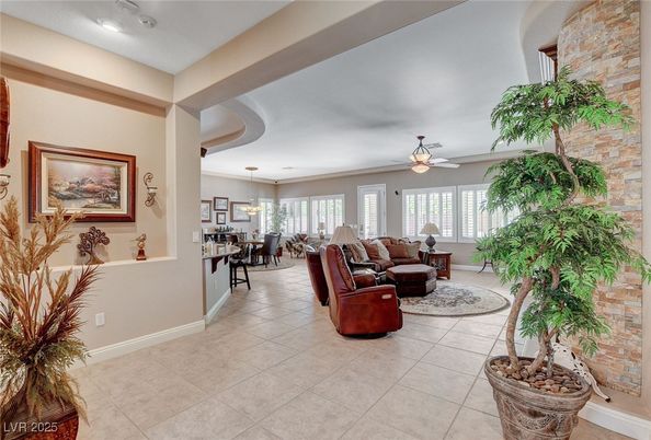 Dining room, Interior, Living room, Recessed Lighting, Stone Walls