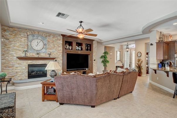 Fireplace, Interior, Kitchen, Living room, Recessed Lighting, Stone Walls
