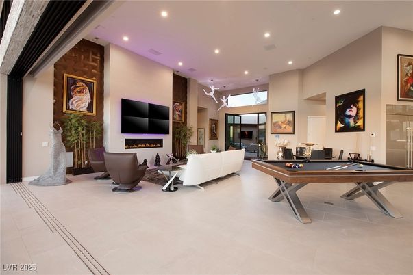 Billiard Table, Fireplace, Game Room, Interior, Living room, Pendant Lights, Recessed Lighting