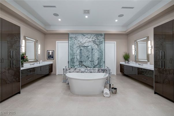 Bathroom, Dual Sink Vanities, Free Standing Baths, Glass Shower, Interior, Marble Walls, Recessed Lighting