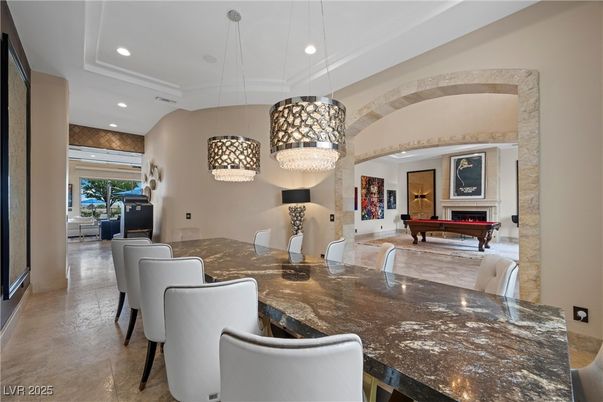 Billiard Table, Dining room, Fireplace, Game Room, Interior, Pendant Lights, Recessed Lighting