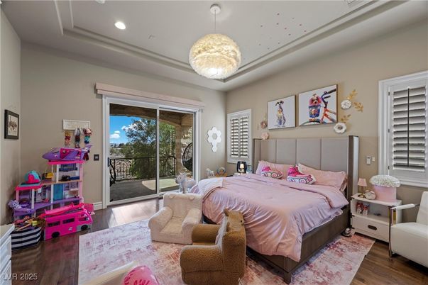 Bedroom, Interior, Pendant Lights, Recessed Lighting, Wood Texture Flooring
