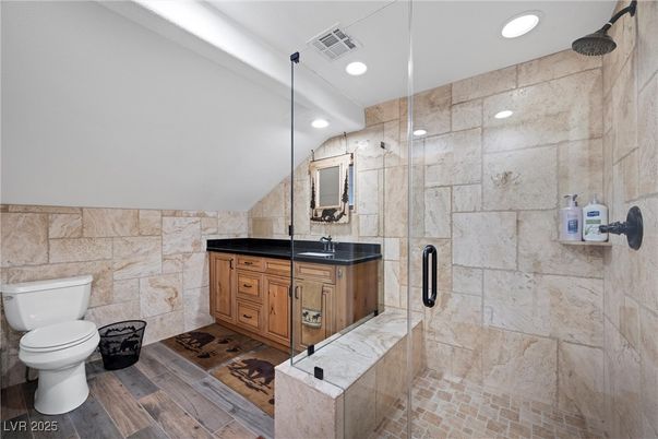 Bathroom, Glass Shower, Interior, Recessed Lighting, Stone Walls
