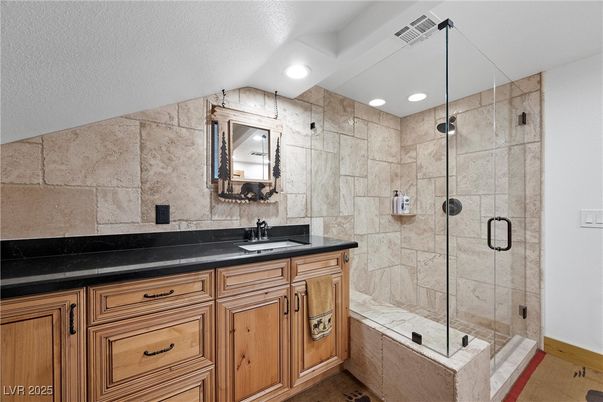 Bathroom, Glass Shower, Interior, Recessed Lighting, Stone Walls
