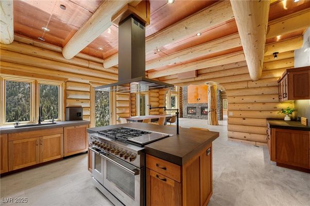 Fireplace, Interior, Kitchen, Stainless Steel Appliances, Wooden Beams, Wooden Ceilings, Wooden Walls