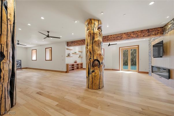 Empty room, Fireplace, Interior, Recessed Lighting, Wood Texture Flooring