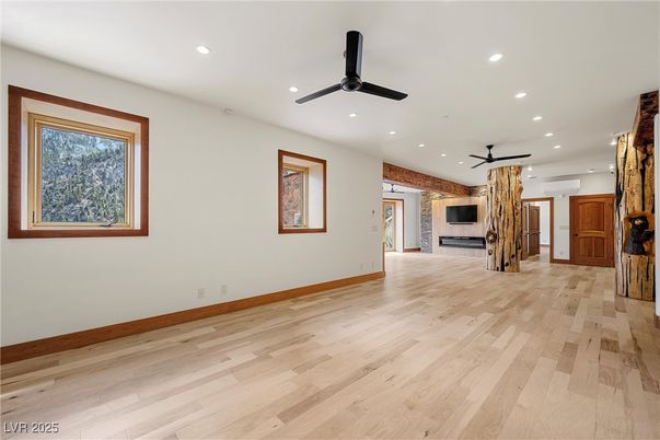 Empty room, Fireplace, Interior, Recessed Lighting, Wood Texture Flooring