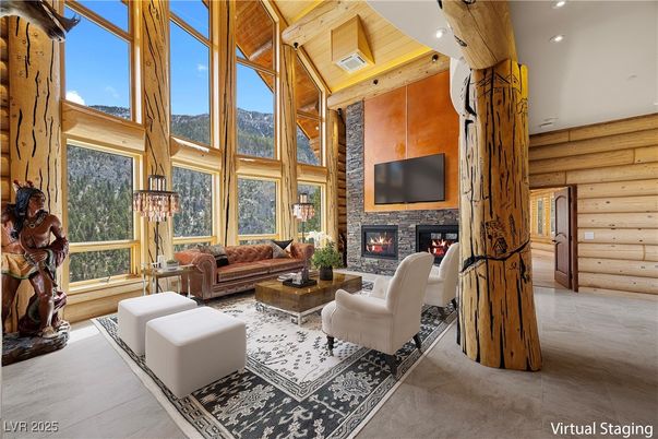 Fireplace, Interior, Living room, Recessed Lighting, Wooden Ceilings, Wooden Walls