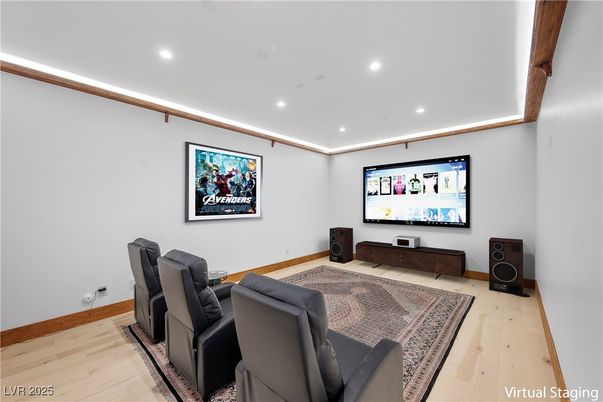 Interior, Projection Screen, Recessed Lighting, Theatre Room, Wood Texture Flooring