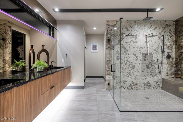Bathroom, Glass Shower, Interior, Marble Walls, Recessed Lighting