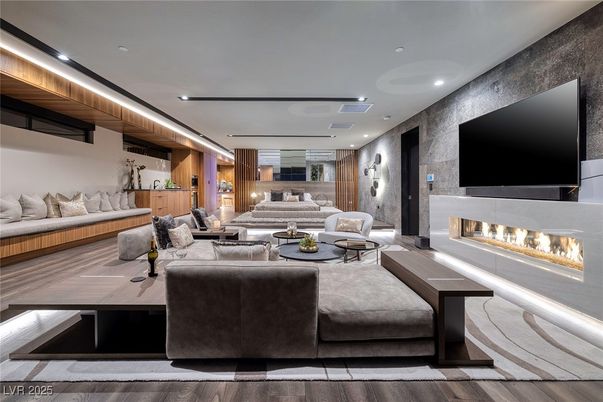 Fireplace, Interior, Living room, Recessed Lighting, Wood Texture Flooring, Wooden Walls