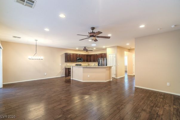 Chandelier, Empty room, Interior, Kitchen, Recessed Lighting, Wood Texture Flooring