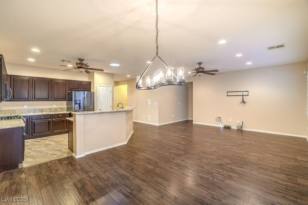 Interior, Kitchen, Pendant Lights, Recessed Lighting, Wood Texture Flooring