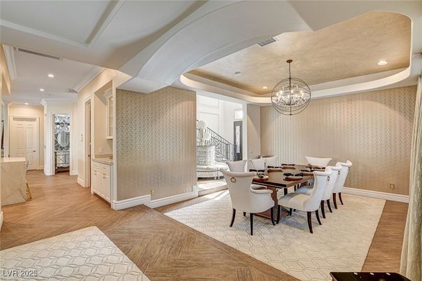 Chandelier, Dining room, Interior, Recessed Lighting, Wood Texture Flooring