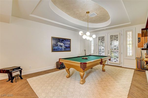 Billiard Table, Game Room, Interior, Pendant Lights, Wood Texture Flooring