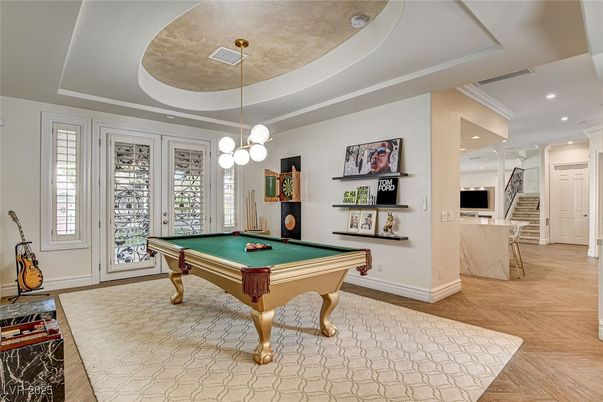 Billiard Table, Game Room, Interior, Pendant Lights, Recessed Lighting, Wood Texture Flooring