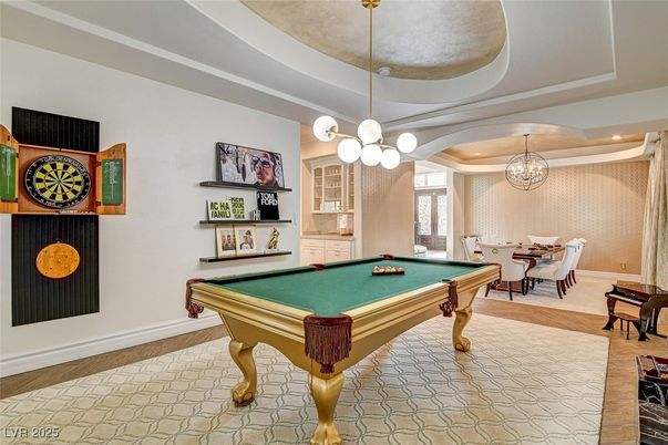 Billiard Table, Chandelier, Game Room, Interior, Pendant Lights, Recessed Lighting, Wood Texture Flooring
