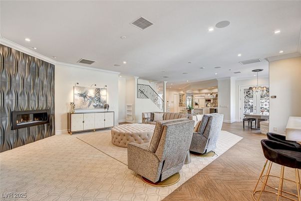 Dining room, Fireplace, Interior, Living room, Pendant Lights, Recessed Lighting, Wood Texture Flooring