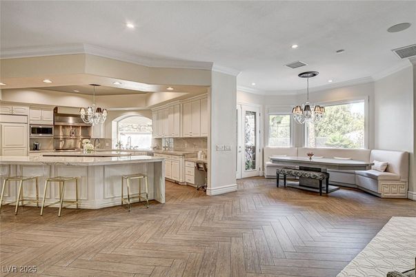 Chandelier, Interior, Kitchen, Recessed Lighting, Stainless Steel Appliances, Wood Texture Flooring