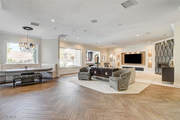 Chandelier, Interior, Living room, Recessed Lighting, Wood Texture Flooring