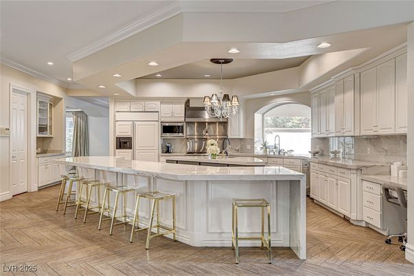 Chandelier, Interior, Kitchen, Recessed Lighting, Stainless Steel Appliances, Wood Texture Flooring