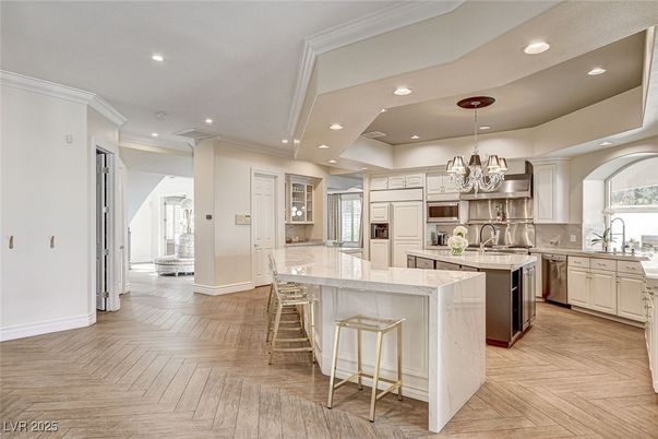 Chandelier, Interior, Kitchen, Recessed Lighting, Stainless Steel Appliances, Wood Texture Flooring