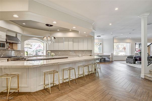 Chandelier, Interior, Kitchen, Pendant Lights, Recessed Lighting, Stainless Steel Appliances, Wood Texture Flooring