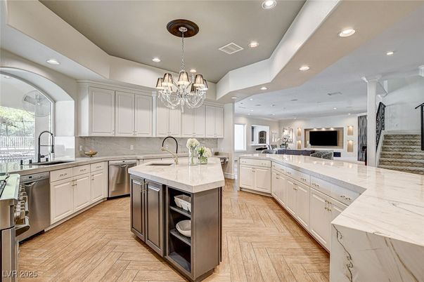 Chandelier, Interior, Kitchen, Recessed Lighting, Stainless Steel Appliances, Wood Texture Flooring