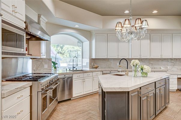 Chandelier, Interior, Kitchen, Recessed Lighting, Stainless Steel Appliances, Wood Texture Flooring