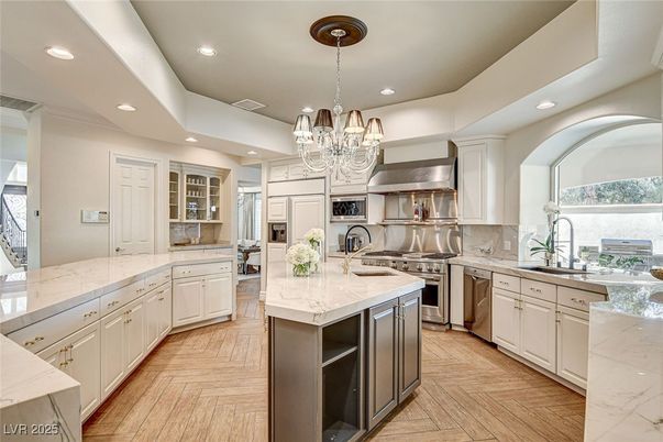 Chandelier, Interior, Kitchen, Recessed Lighting, Stainless Steel Appliances, Wood Texture Flooring