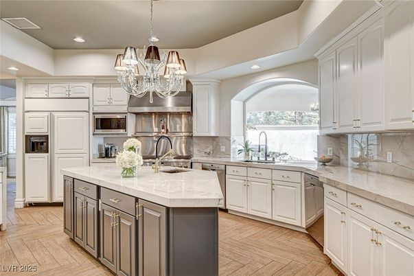 Chandelier, Interior, Kitchen, Recessed Lighting, Stainless Steel Appliances, Wood Texture Flooring