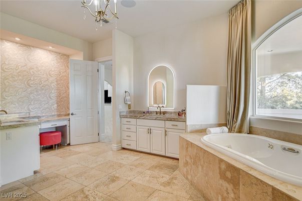 Bathroom, Chandelier, Dual Sink Vanities, Interior, Recessed Lighting