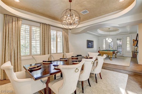 Billiard Table, Chandelier, Dining room, Game Room, Interior, Pendant Lights, Recessed Lighting, Wood Texture Flooring