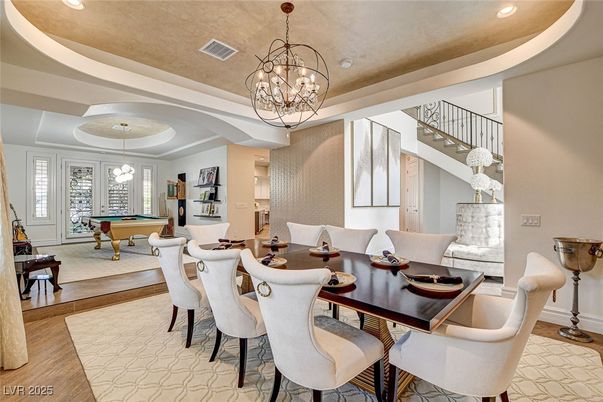 Billiard Table, Chandelier, Dining room, Game Room, Interior, Pendant Lights, Recessed Lighting, Wood Texture Flooring
