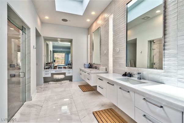 Bathroom, Dual Sink Vanities, Glass Shower, Interior, Marble, Recessed Lighting