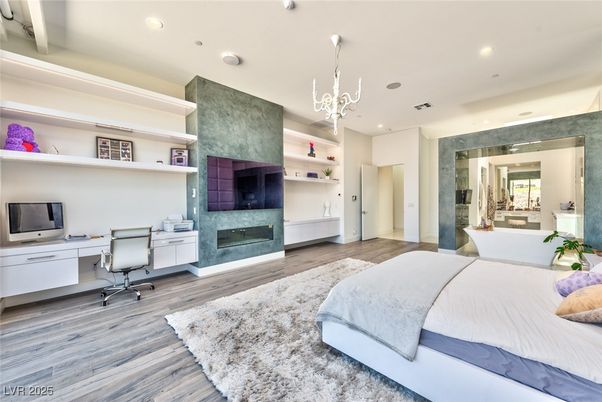 Bedroom, Fireplace, Home Office, Interior, Pendant Lights, Recessed Lighting, Wood Texture Flooring