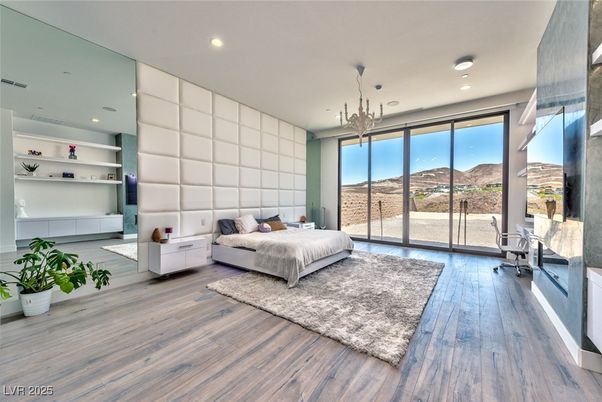 Bedroom, Interior, Pendant Lights, Recessed Lighting, Wood Texture Flooring