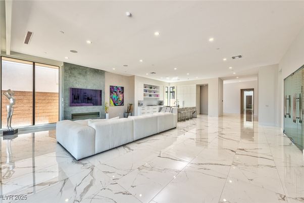 Fireplace, Interior, Living room, Marble, Recessed Lighting