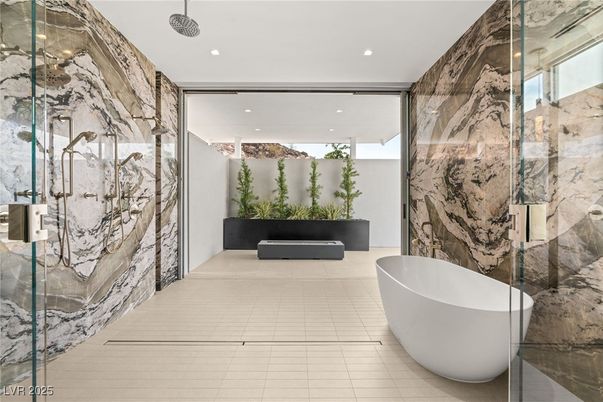 Bathroom, Free Standing Baths, Glass Shower, Interior, Marble Walls, Recessed Lighting