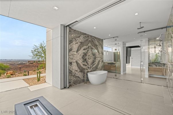 Bathroom, Free Standing Baths, Glass Shower, Interior, Marble Walls, Recessed Lighting