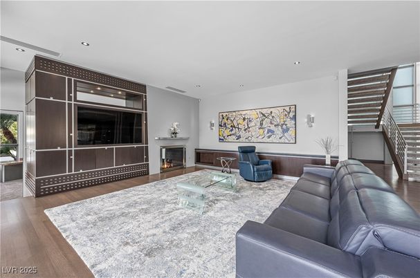 Fireplace, Interior, Living room, Recessed Lighting, Wood Texture Flooring