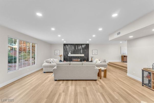 Fireplace, Interior, Living room, Recessed Lighting, Wood Texture Flooring